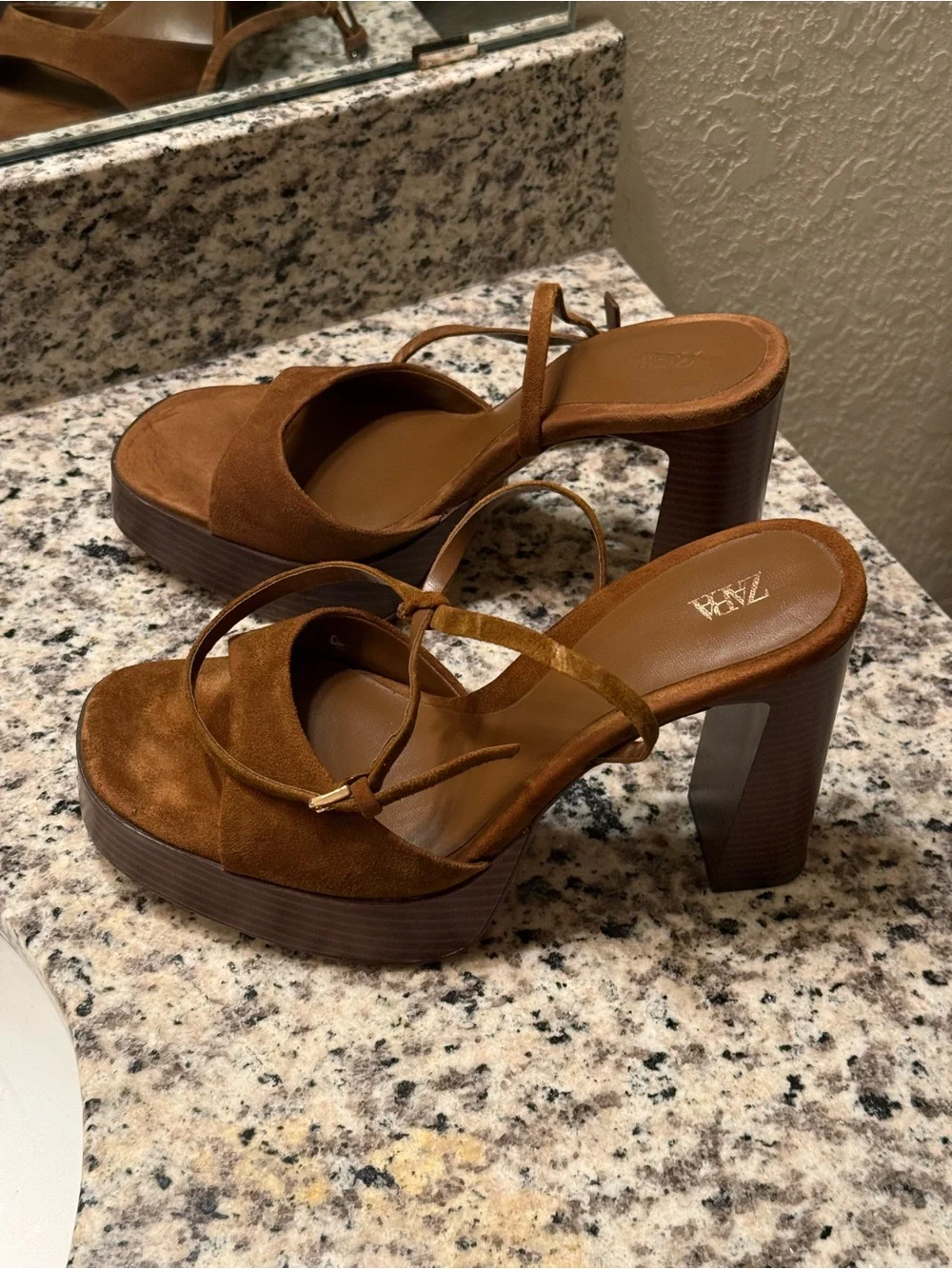 ZARA Chestnut Brown Suede Platform Block Heel Sandals
